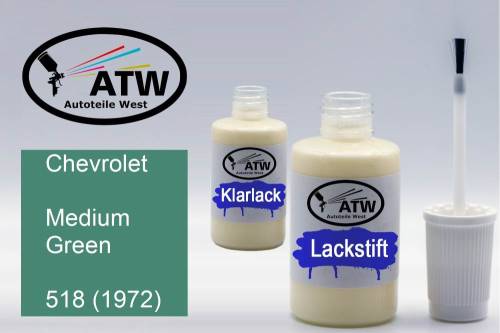 Chevrolet, Medium Green, 518 (1972): 20ml Lackstift + 20ml Klarlack - Set, von ATW Autoteile West.